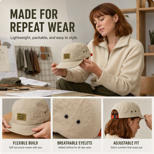 Designer inspecting the lightweight packable cap details