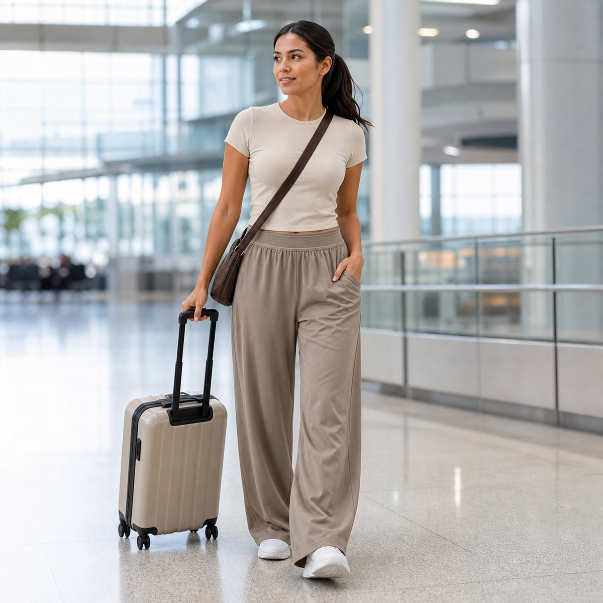 Taupe Nova pants airport outfit