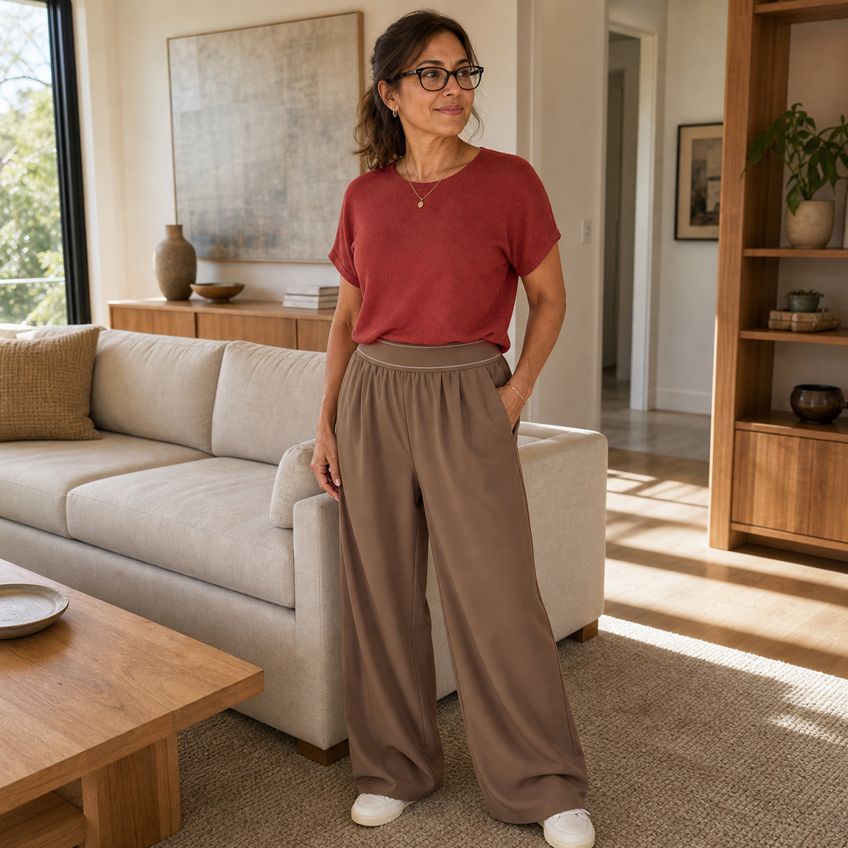 Brown Nova pants relaxed home outfit
