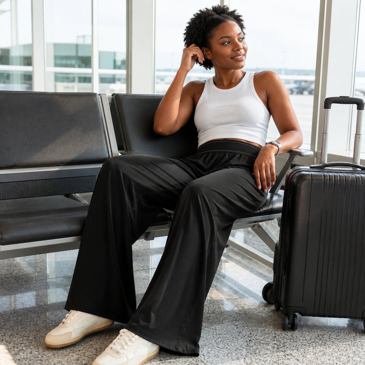 Black Nova pants airport outfit