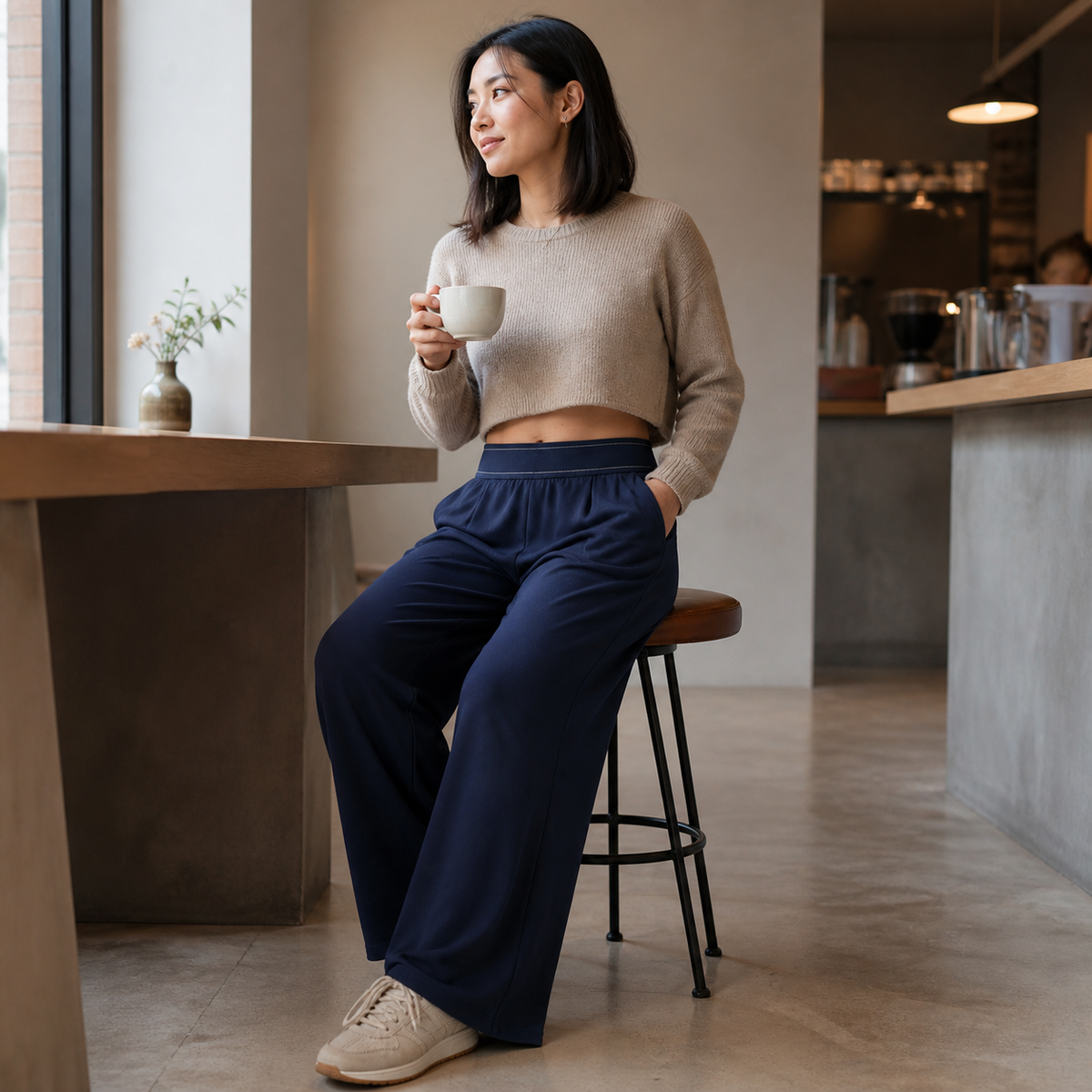 Navy Nova pants cafe outfit