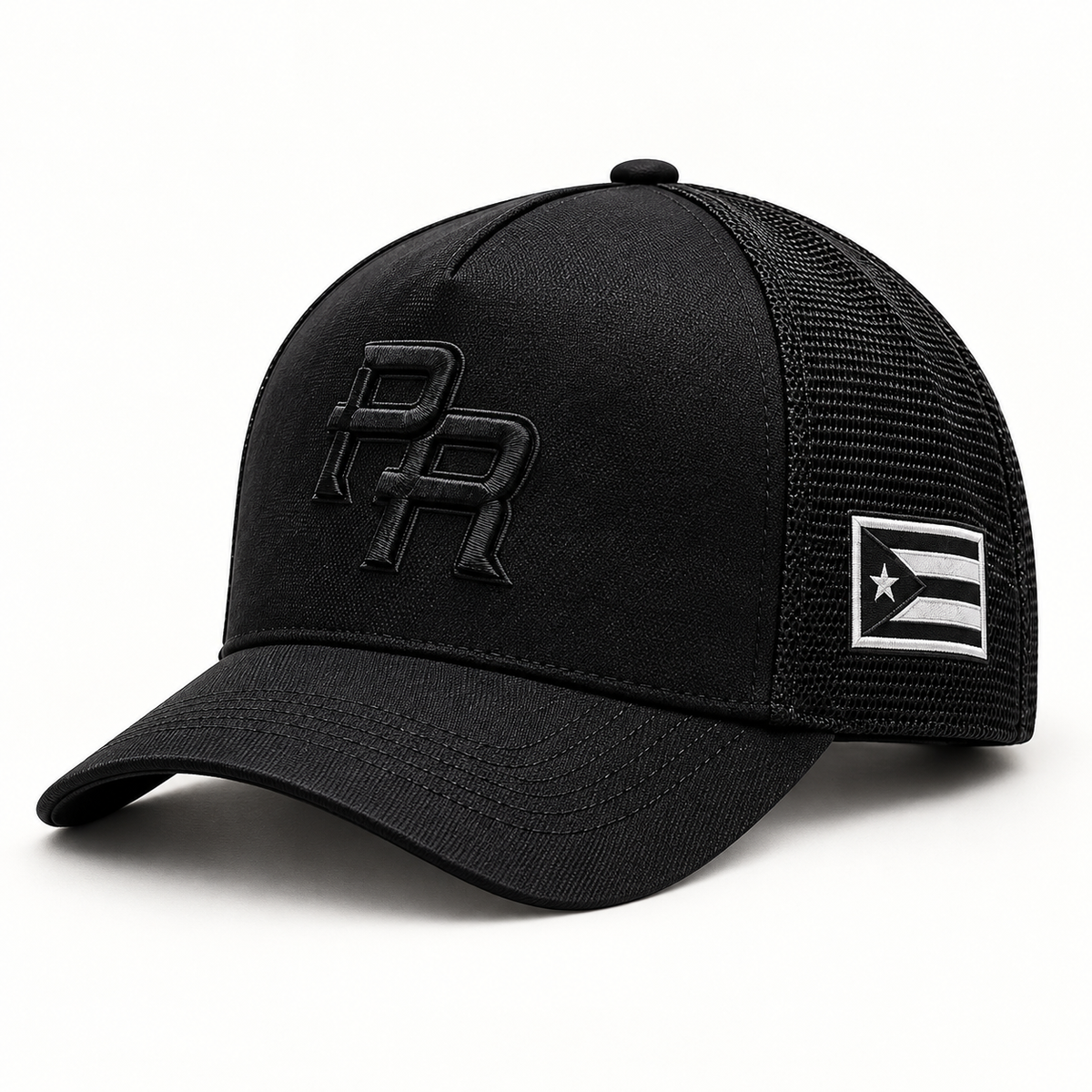 Black Mesh Puerto Rico PR cap with tonal front mark and monochrome side flag patch.