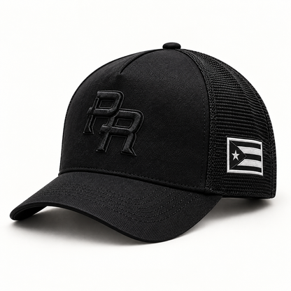 Black Mesh Puerto Rico PR cap with tonal front mark and monochrome side flag patch.