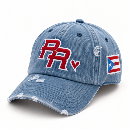 Blue Denim Puerto Rico PR cap with red-and-white front mark and side flag patch.
