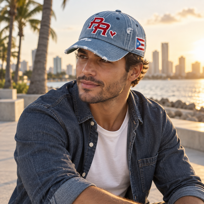 Blue Denim Puerto Rico PR cap styled with denim near a waterfront.