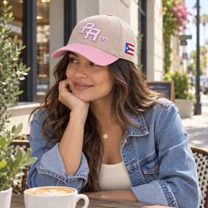 Blush Pink Puerto Rico PR cap styled at an outdoor cafe.