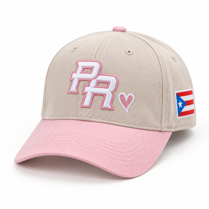 Blush Pink Puerto Rico PR cap with cream crown, pink brim, heart detail, and side flag patch.