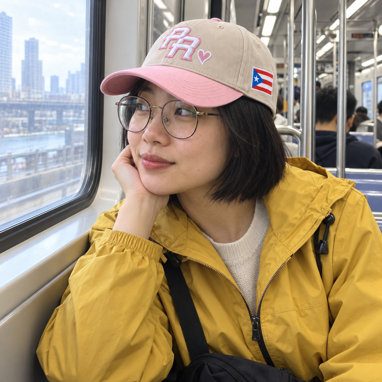 Customer wearing the Blush Pink Puerto Rico PR cap while riding a train