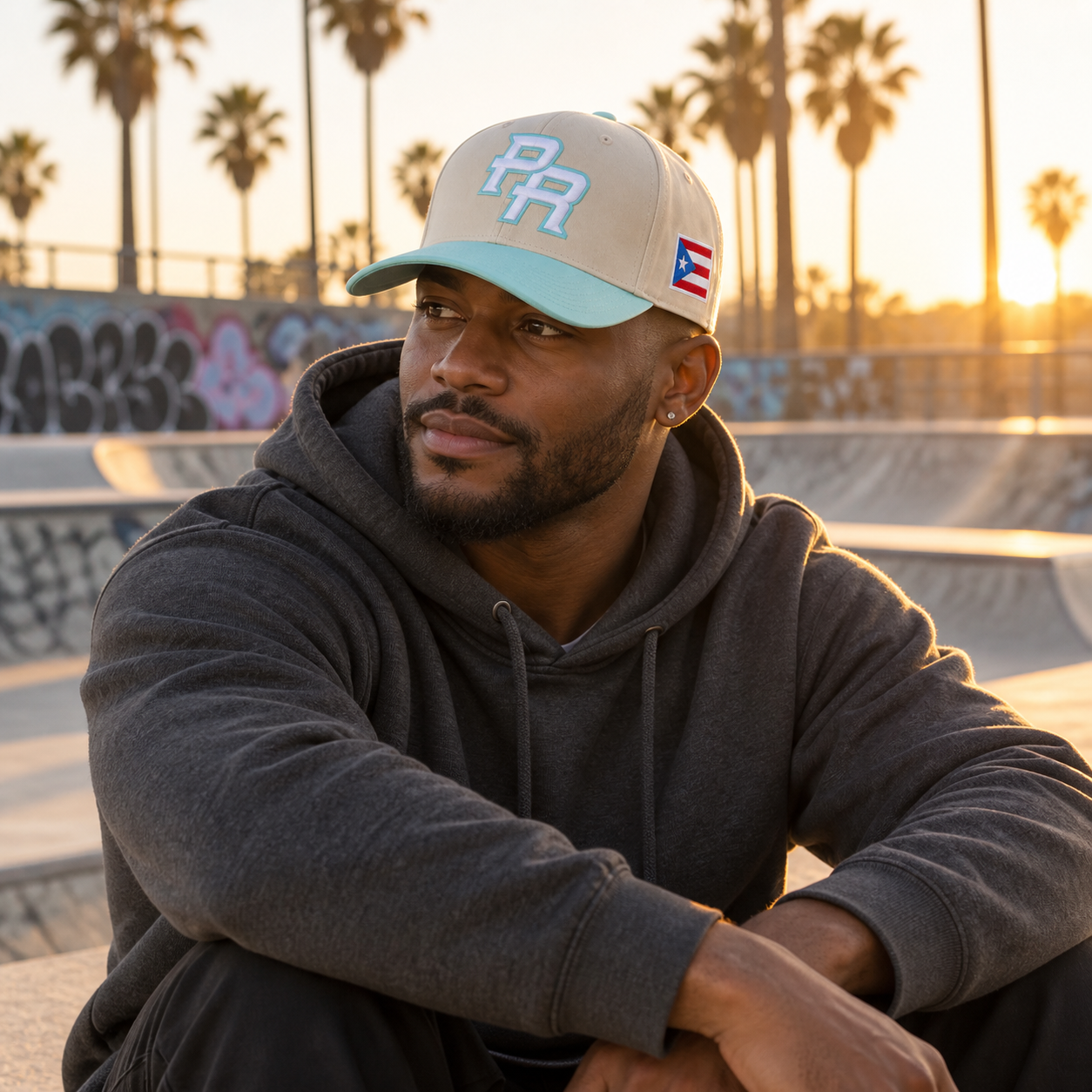 Mint Puerto Rico PR cap styled with a charcoal streetwear outfit at a skatepark