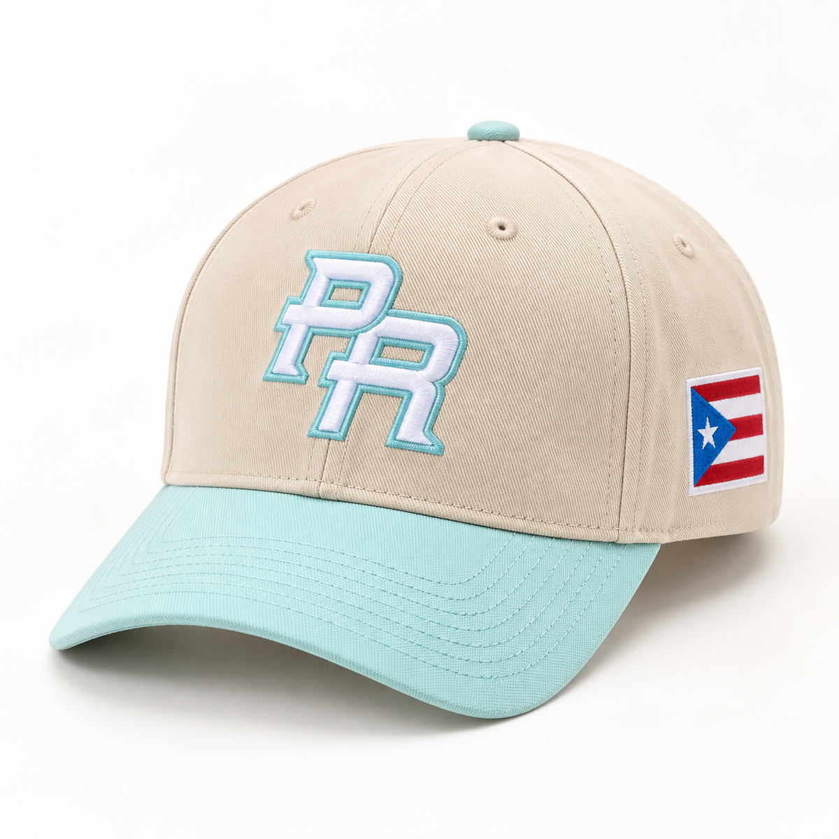 Mint Puerto Rico PR cap with cream crown, mint brim, and side flag patch.