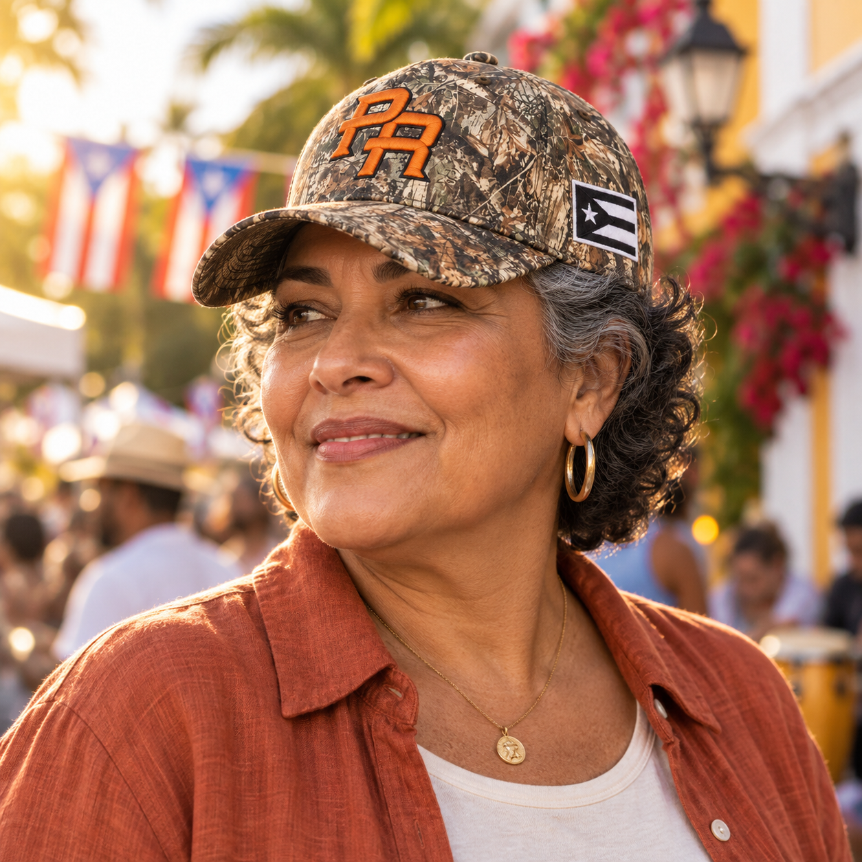 Tree Camo Puerto Rico PR cap styled at an outdoor neighborhood cultural festival