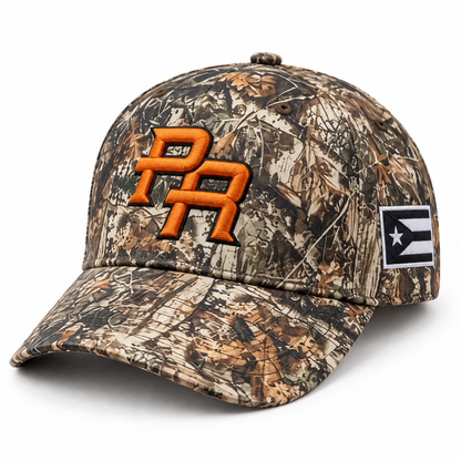 Tree Camo Puerto Rico PR cap with orange front mark and monochrome side flag patch.
