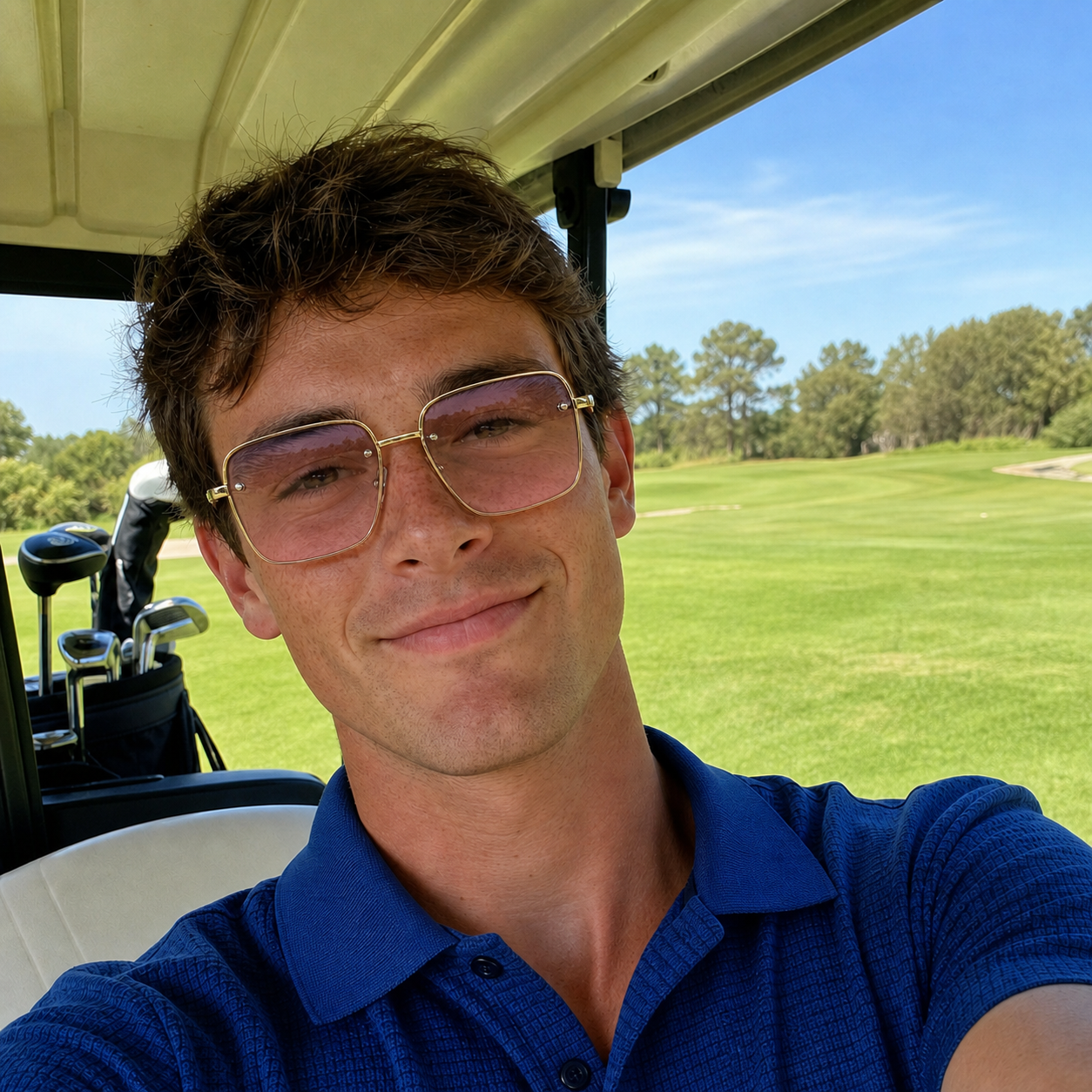 Rosé Gradient Riviera Square Sunglasses in a golf cart