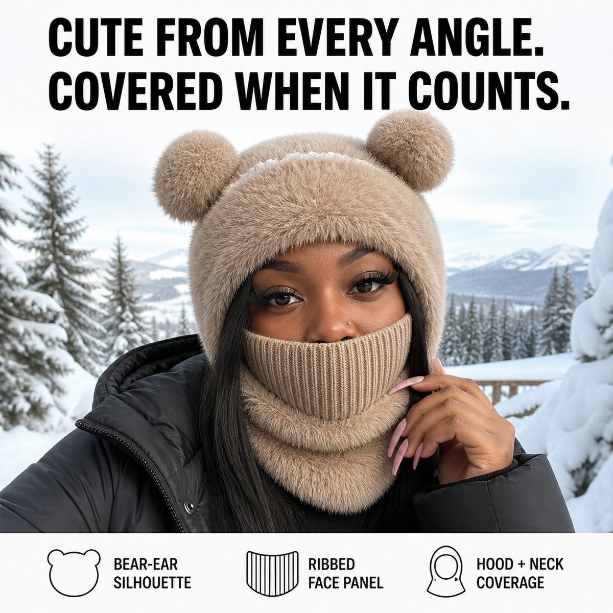 Winter baddie wearing the brown Teddy Bear Balaclava in snow with feature labels
