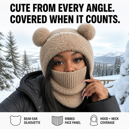 Winter baddie wearing the brown Teddy Bear Balaclava in snow with feature labels