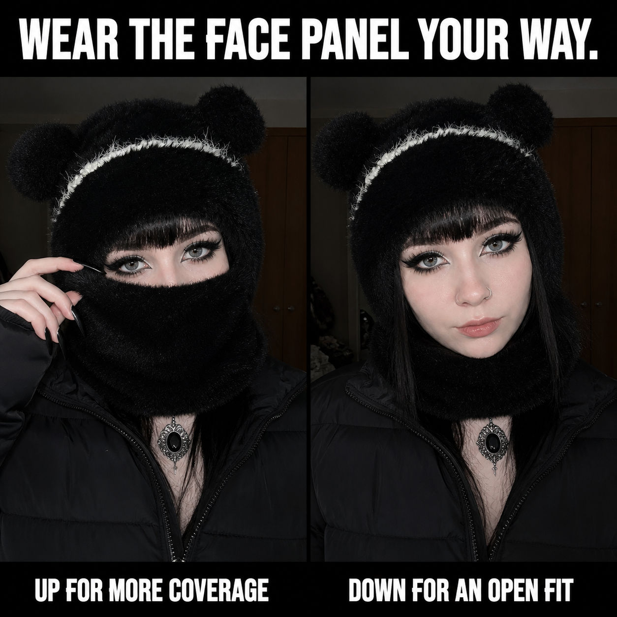 Two ways to wear the Teddy Bear Balaclava face panel