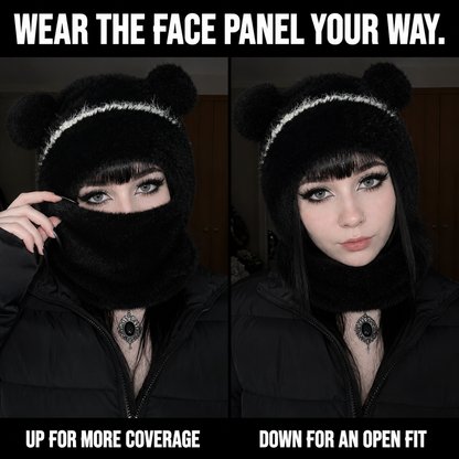 Two ways to wear the black Teddy Bear Balaclava face panel