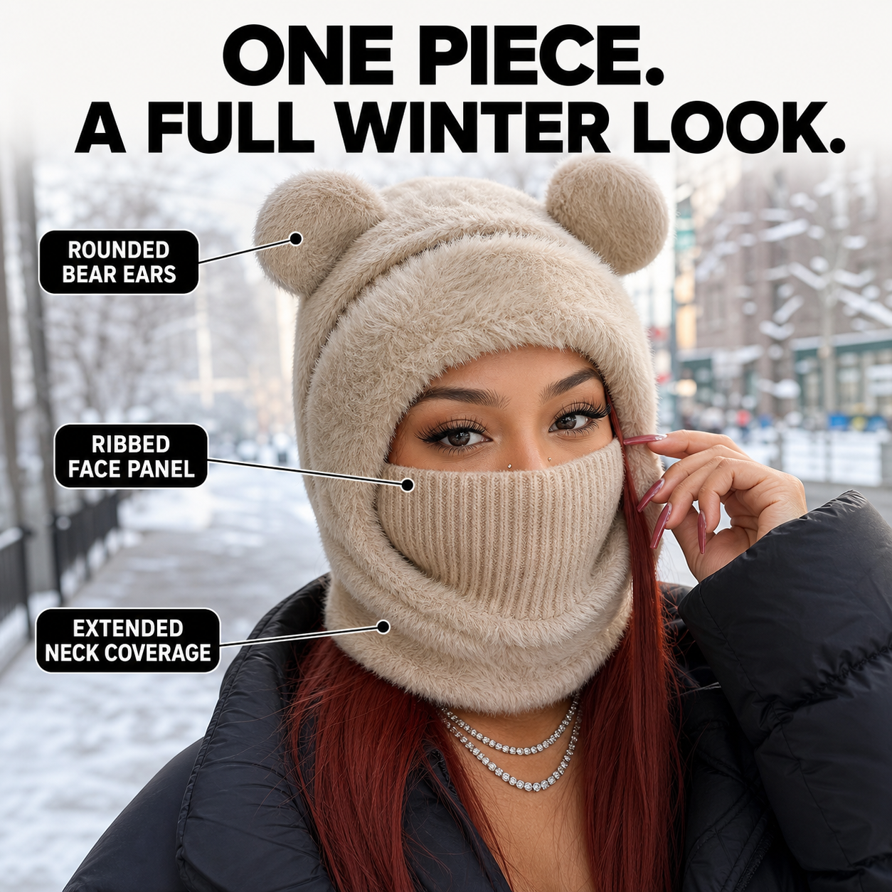 Teddy Bear Balaclava bear ears, ribbed face panel, and neck coverage callouts