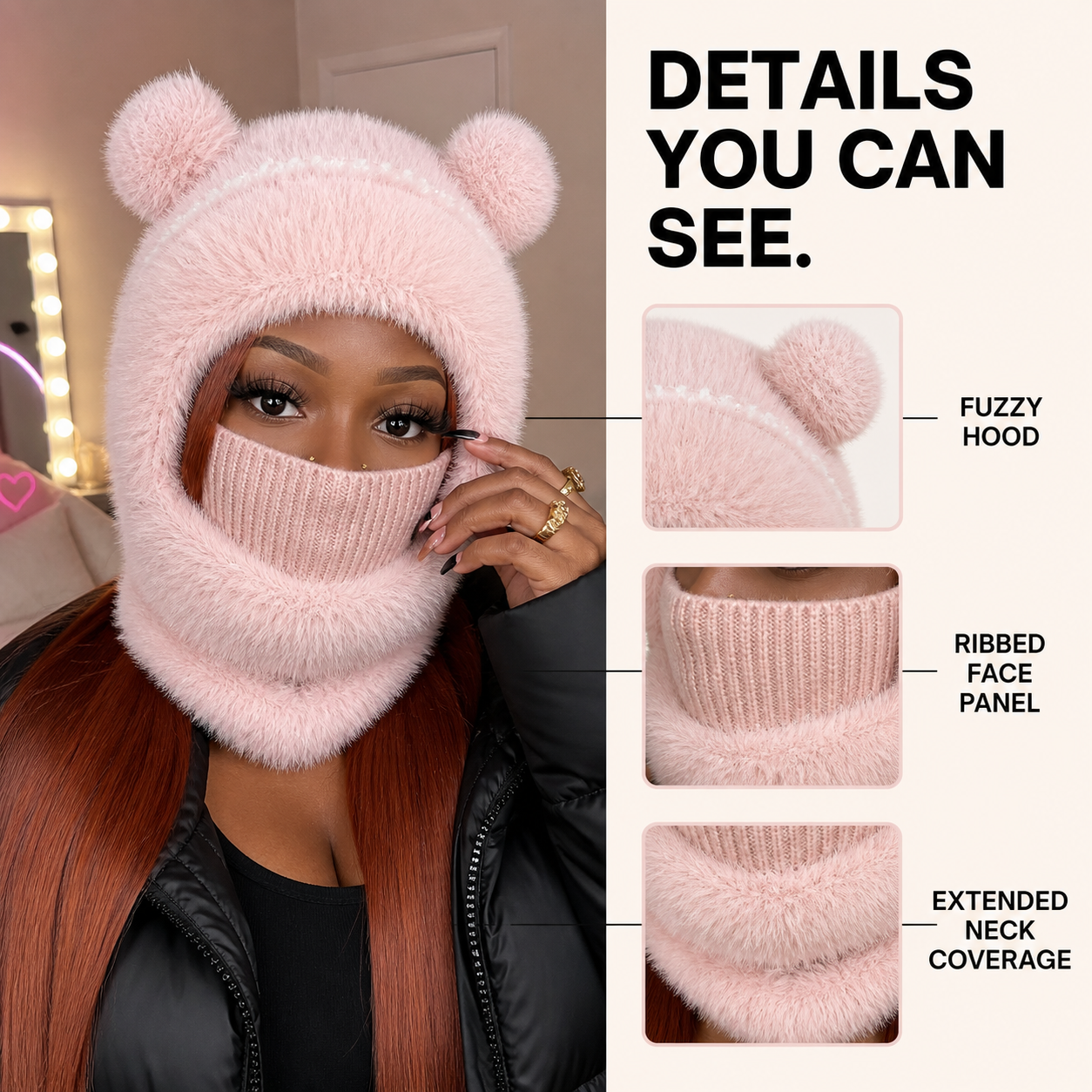 Pink Teddy Bear Balaclava hood, face panel, and neck detail callouts