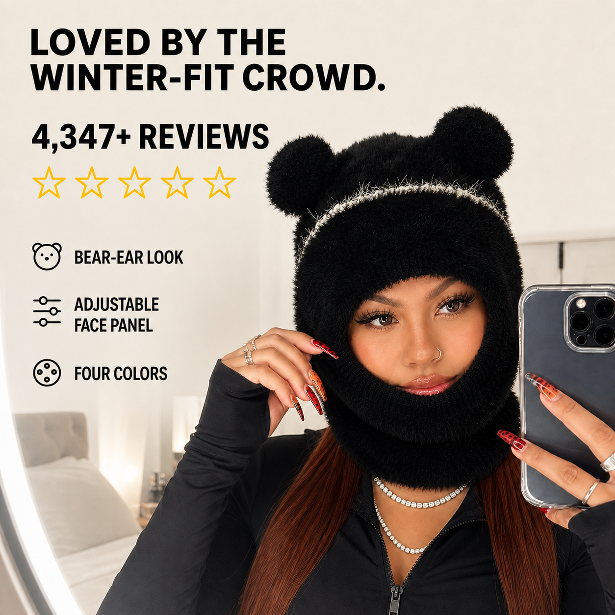 Black Teddy Bear Balaclava with 4,347 plus review count and outlined yellow stars