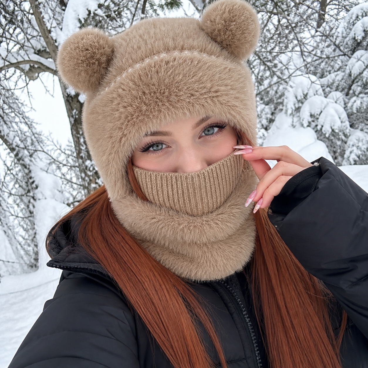 Auburn-haired woman wearing the brown Teddy Bear Balaclava in snow