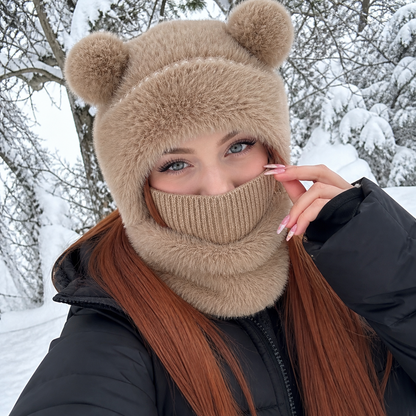 Auburn-haired woman wearing the brown Teddy Bear Balaclava in snow