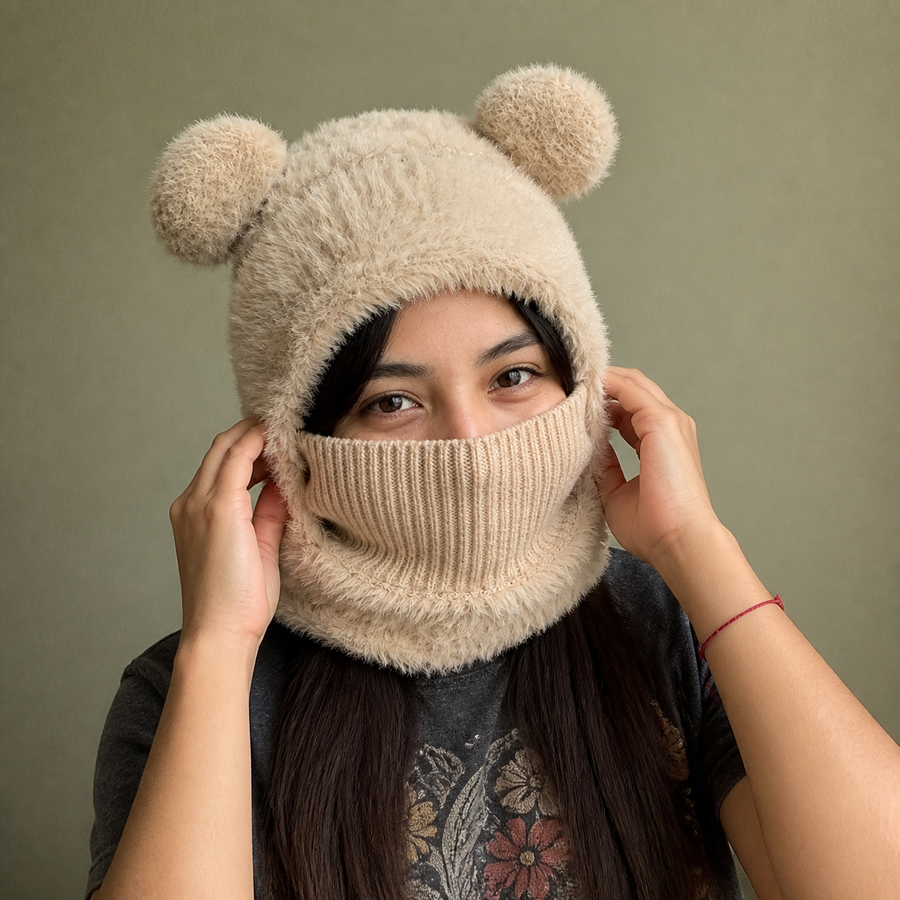 Latina woman modeling the beige Teddy Bear Balaclava fit