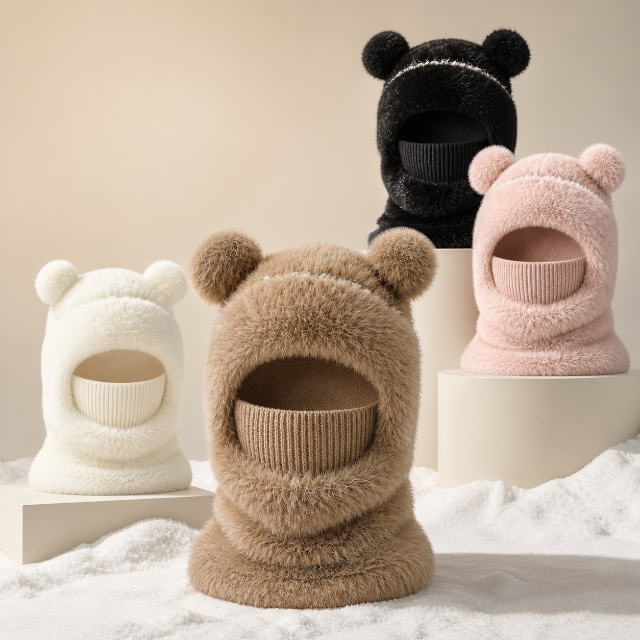 Teddy Bear Balaclava color lineup in a winter studio