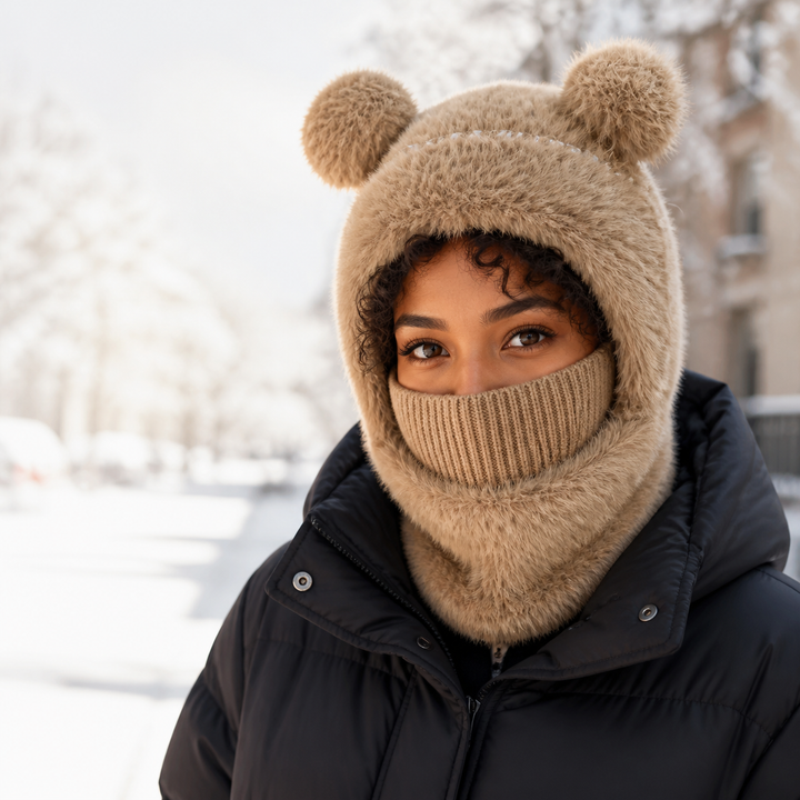 Model styling the brown Teddy Bear Balaclava outdoors in winter