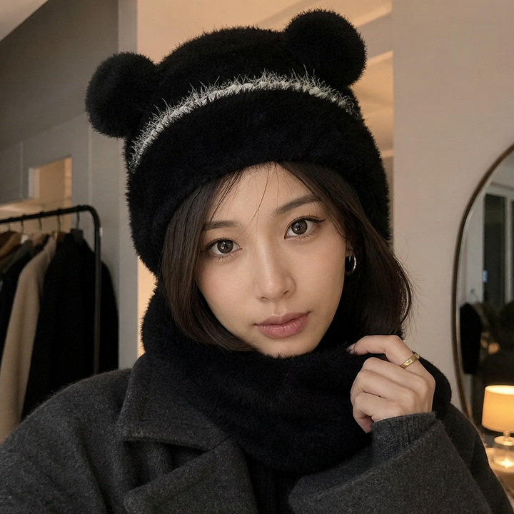 Model styling the black Teddy Bear Balaclava indoors