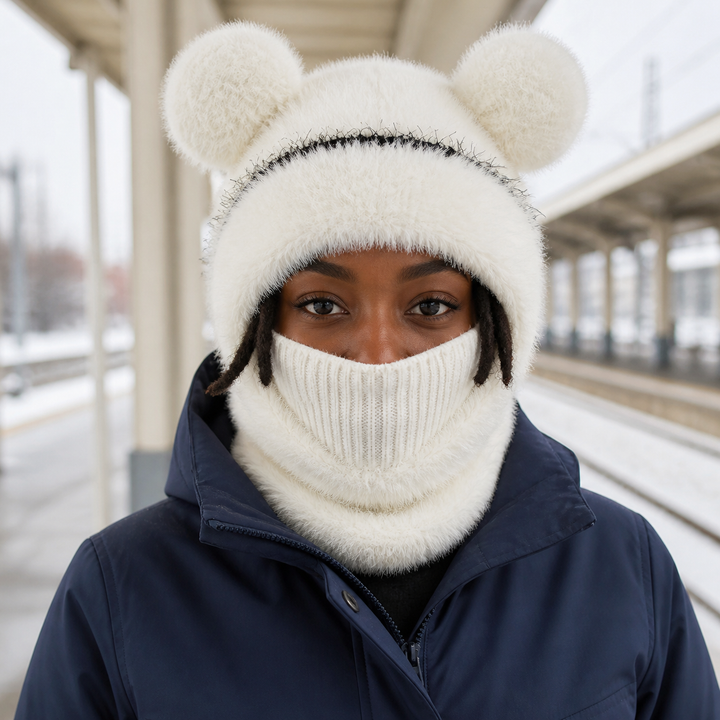 Model styling the white Teddy Bear Balaclava at a train platform