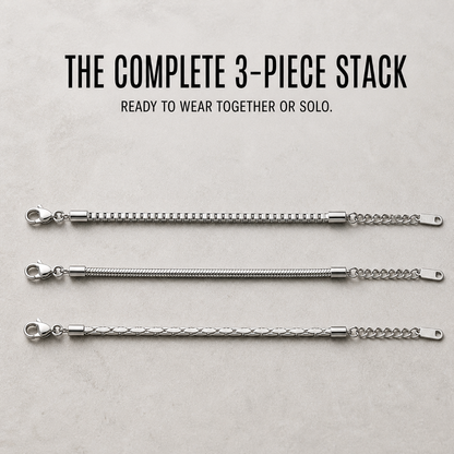 The complete three-piece Veyron bracelet stack arranged in parallel rows