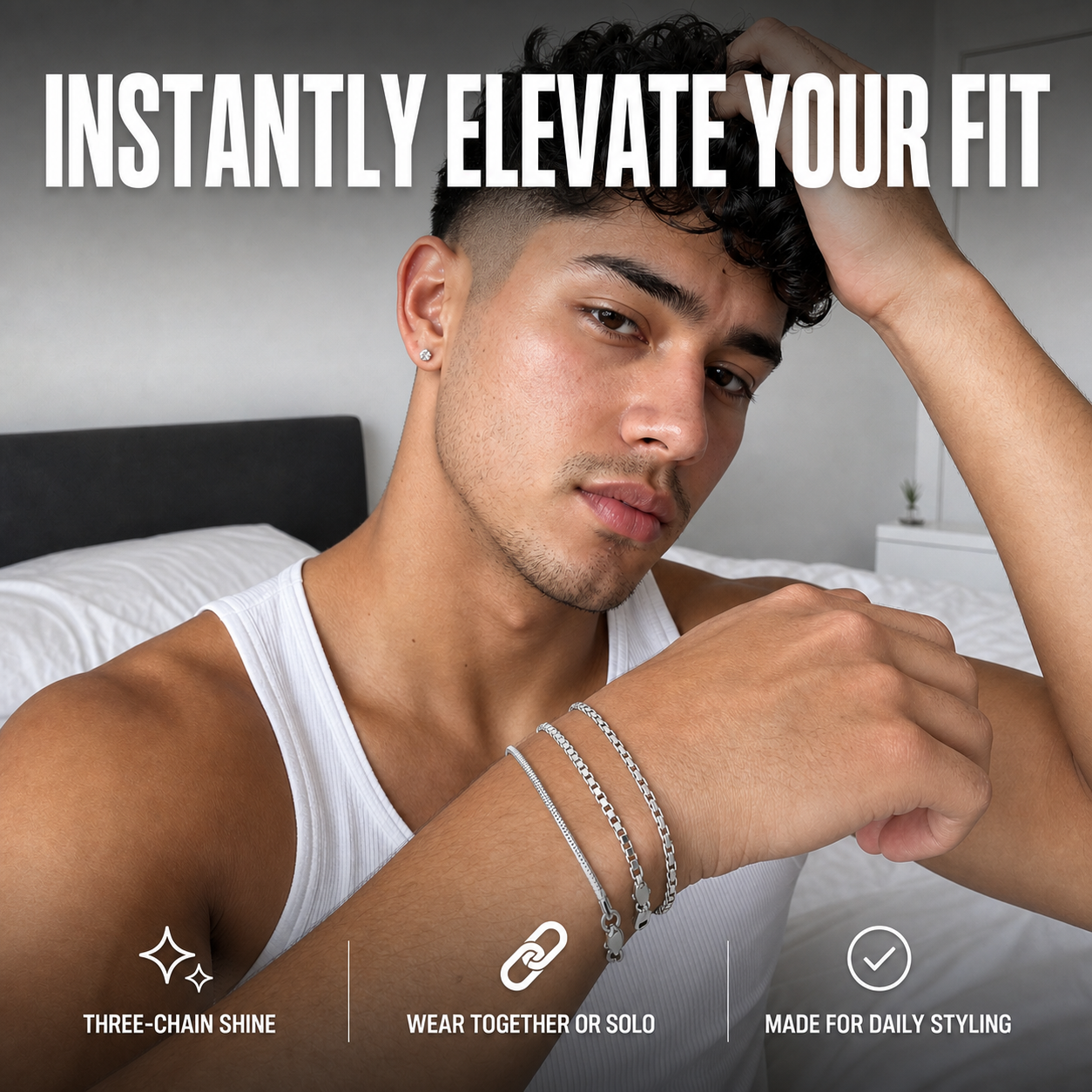 Young man in a white ribbed tank wearing the Veyron three-bracelet stack