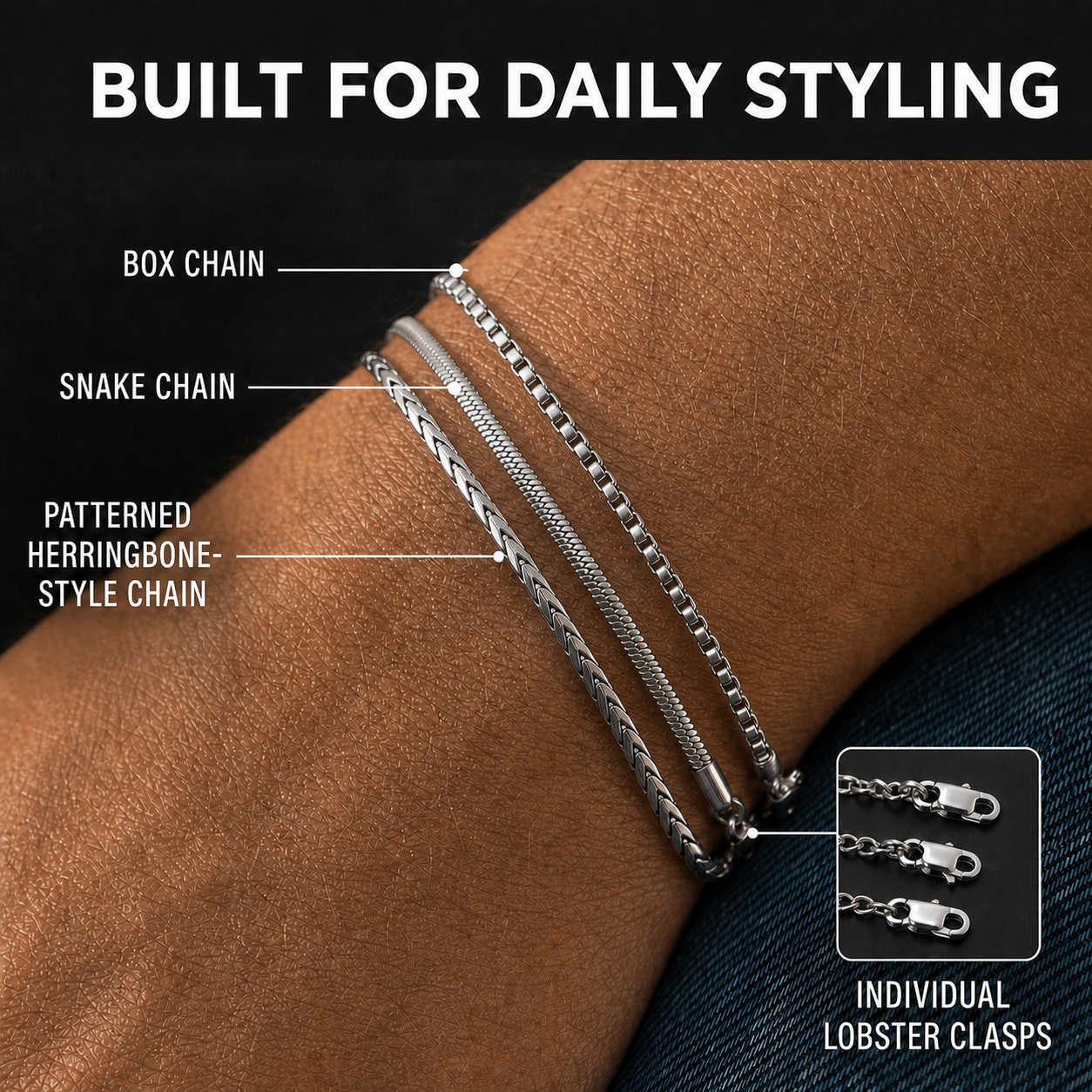 Veyron box, snake, and patterned herringbone-style chains labeled on a wrist