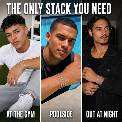 Veyron bracelet stack styled at the gym, poolside, and out at night