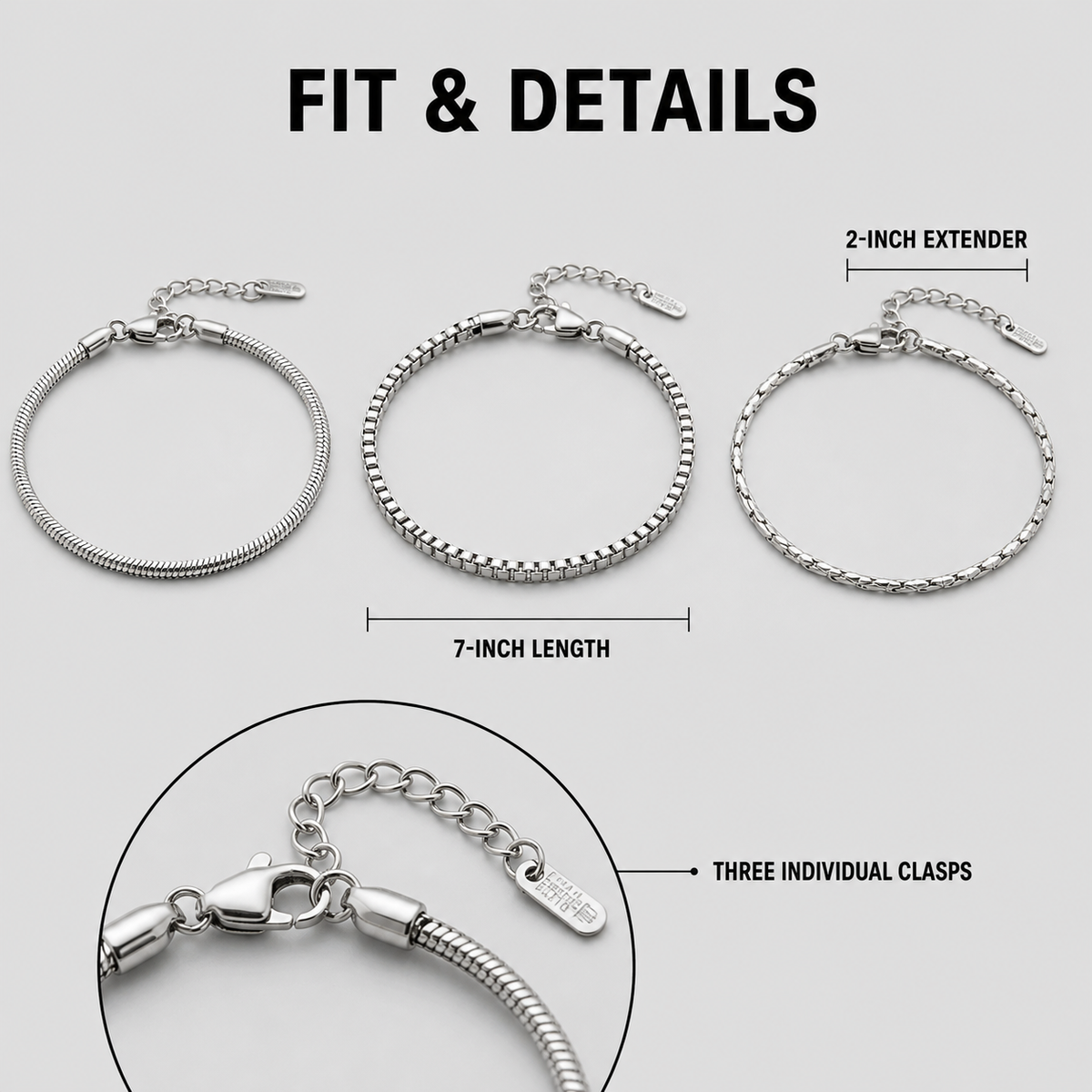 Veyron bracelet length, extender, and individual clasp details