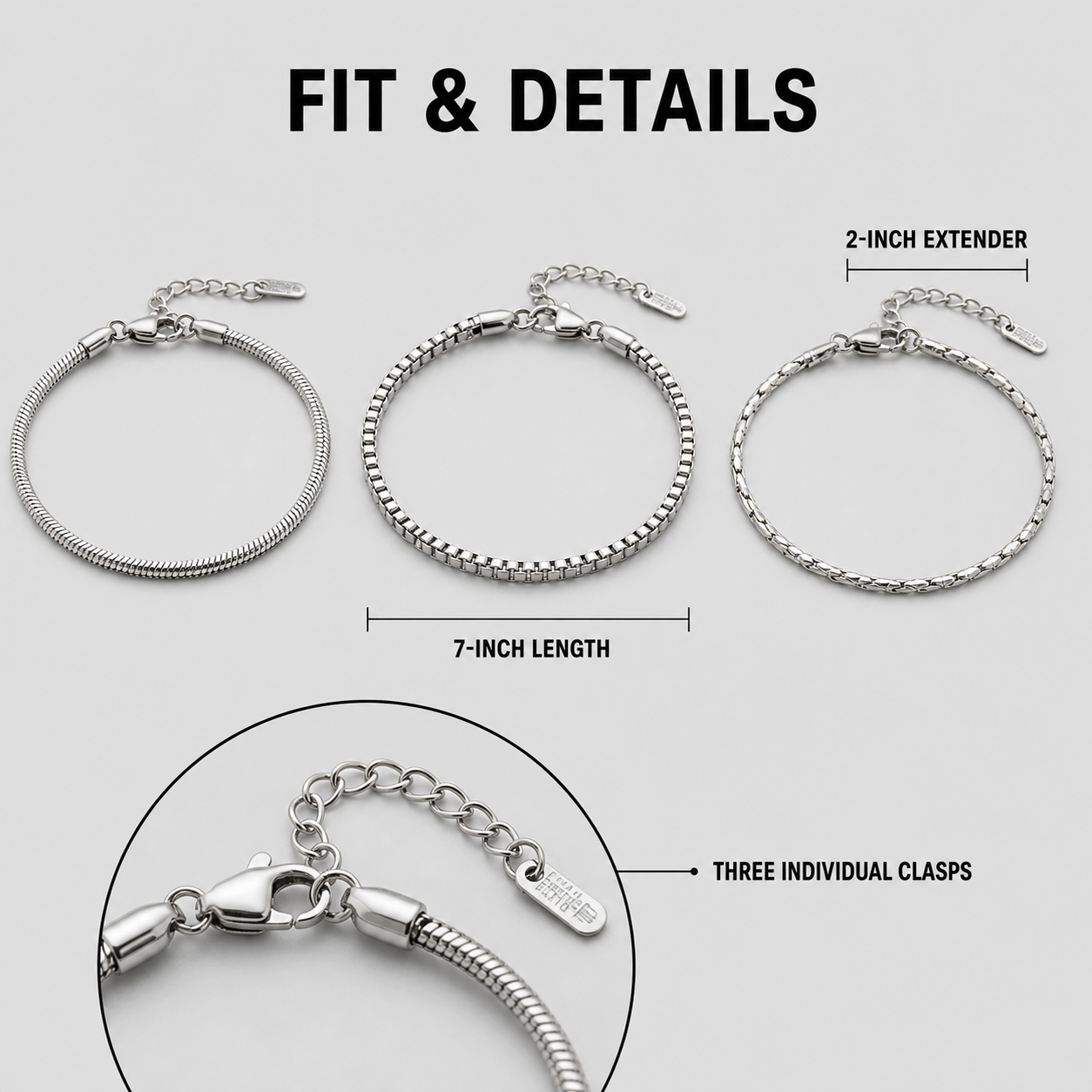 Veyron bracelet length, extender, and individual clasp details