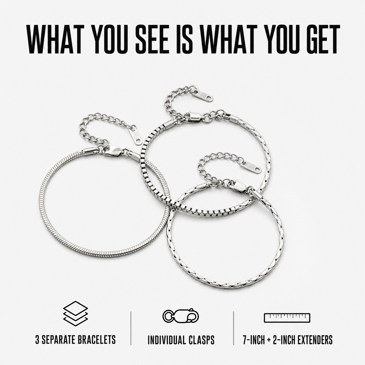 Three separate Veyron bracelets with individual clasps and verified sizing