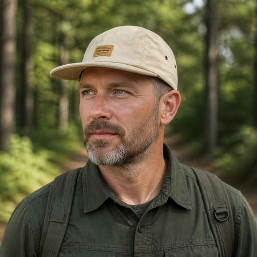 Outdoor model wearing the cream five-panel cap