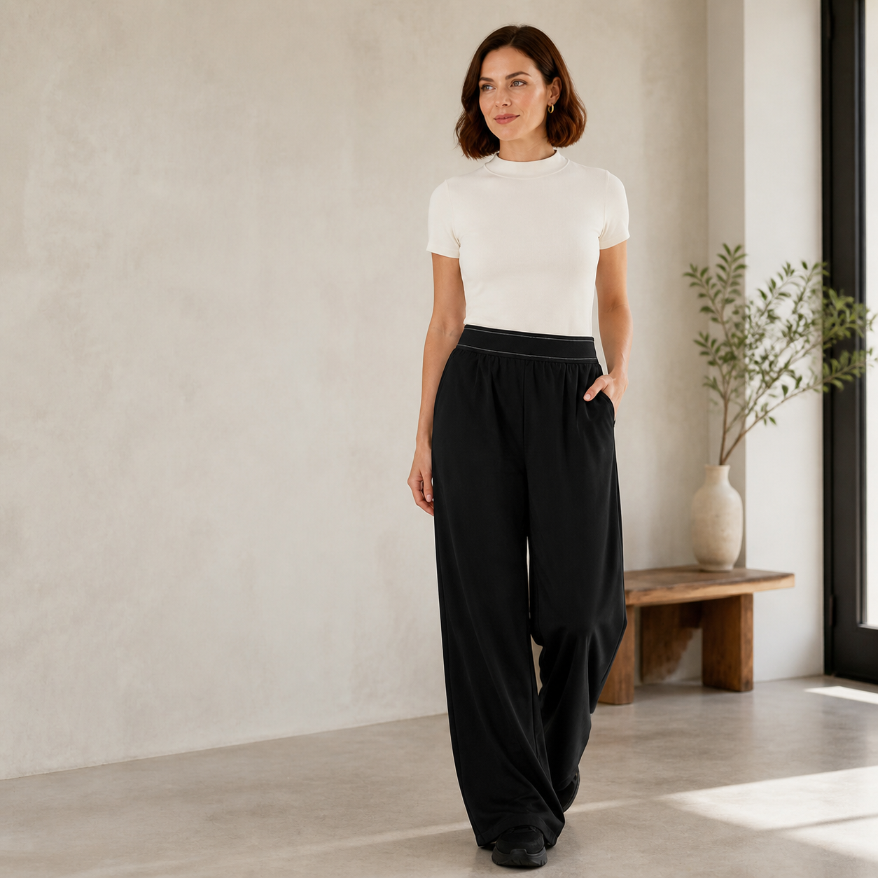 Woman styling the black Nova pants in a minimal loft