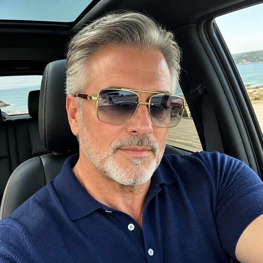 Original Riviera styling model wearing Coastal Navy Gradient sunglasses in a coastal car setting