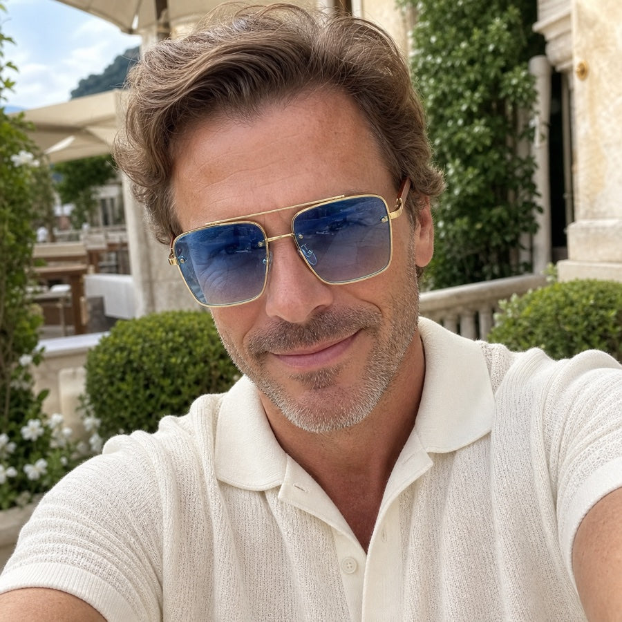 Original Riviera styling model wearing Riviera Blue sunglasses on a hotel terrace