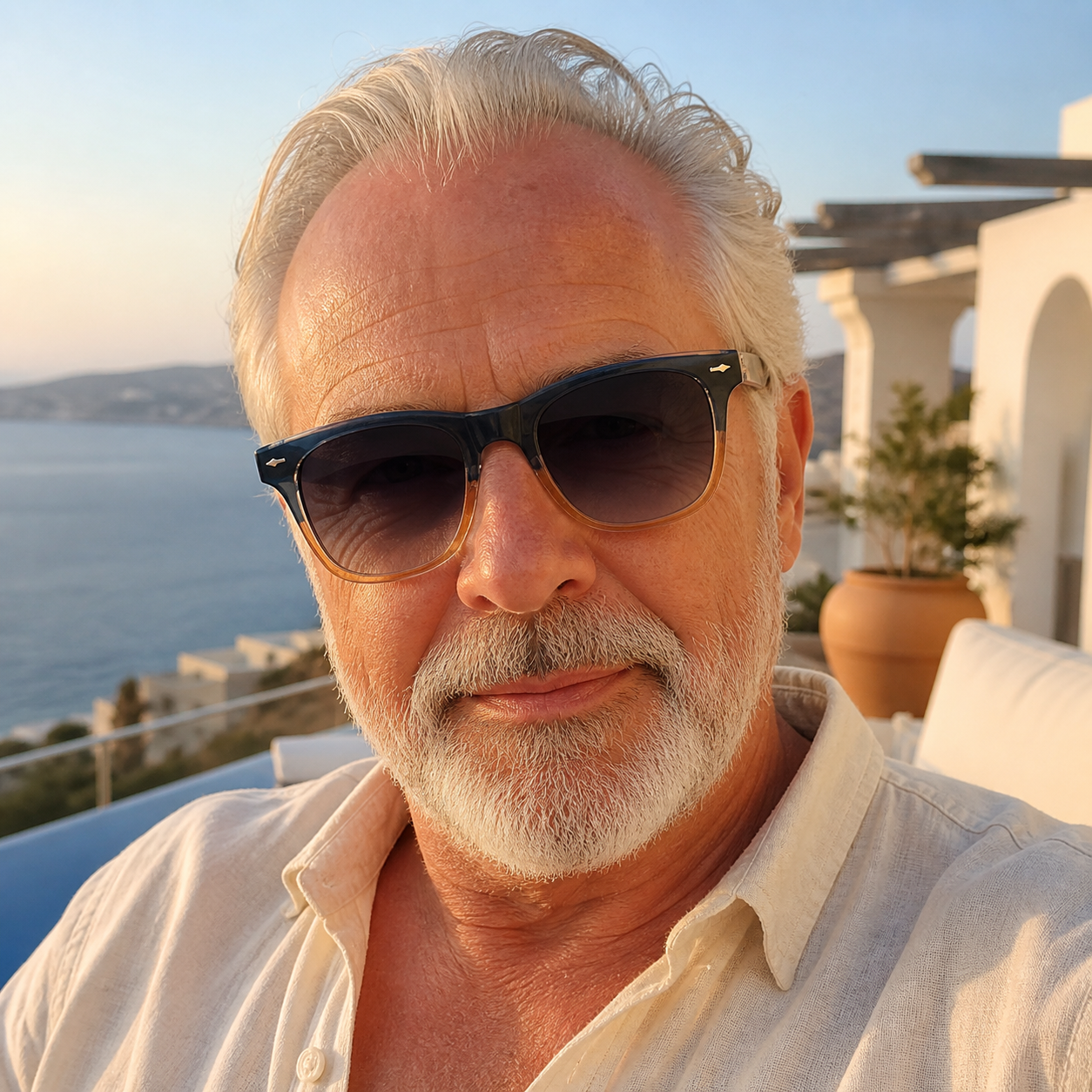 Silver-haired Verona customer wearing Navy Amber shades