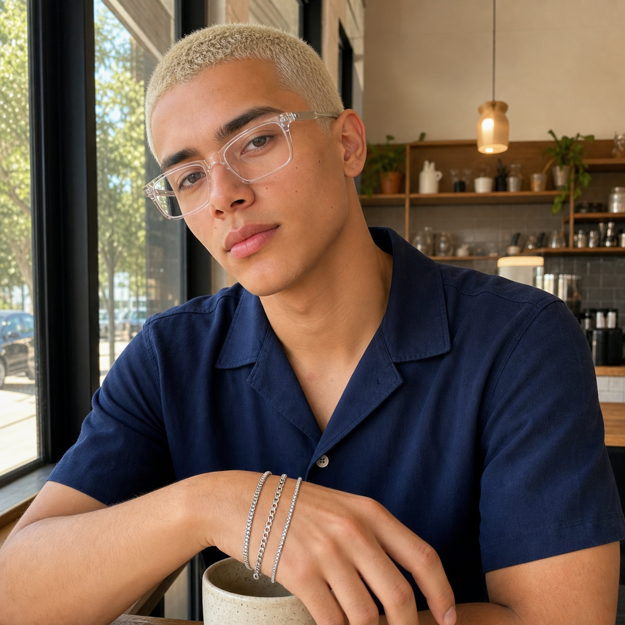 Man with a platinum-blond buzzcut and clear glasses wearing the Veyron bracelet set in a coffee shop