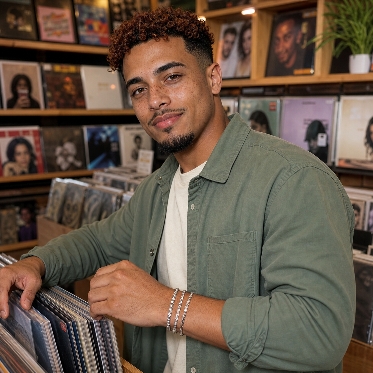 Man with auburn curls wearing the Veyron three-piece bracelet set in a record store